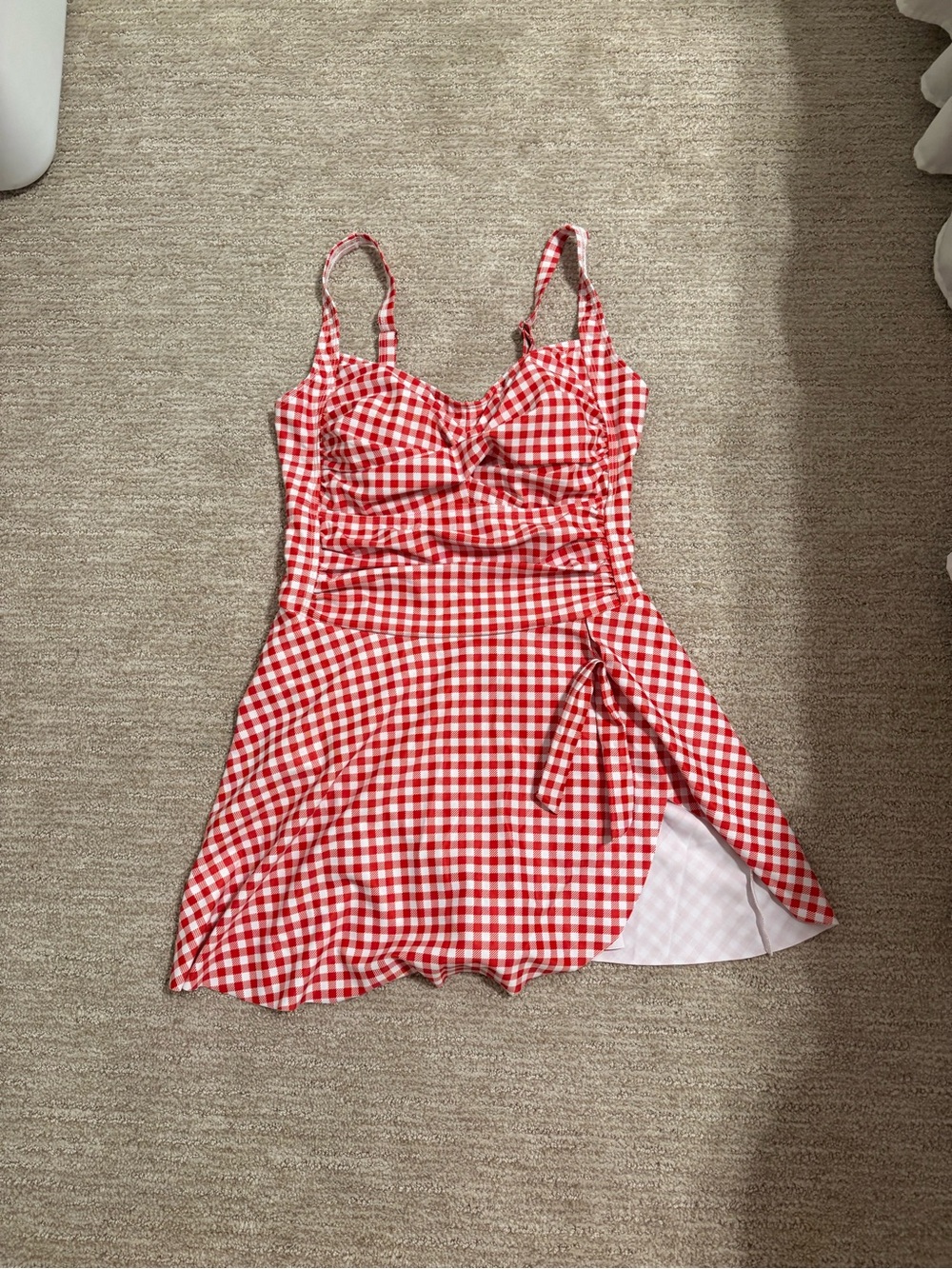 Red Gingham One-Piece Swimdress with Skirted Tie Detail - Women